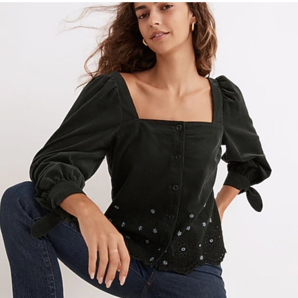 Madewell - Embroidered Eyelet Corduroy Tie-Sleeve Top